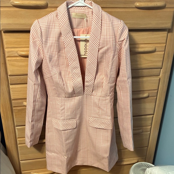 Choosy Jackets & Blazers - Pink Plaid Women's Long Sleeve Dress Holiday Party Ready Choosy